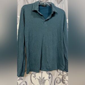EUC VINCE Men's GARMENT-DYED LONG-SLEEVE POLO SHIRT IN WASHED DEEP TEAL Size XS‎